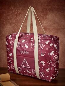 HARRY POTTER X SHEIN 印花可折疊大容量旅行托特包，前置拉鍊口袋，可折疊設計，適合旅行、健身房及日常行李收納 - 紅棕色 - 查看 2