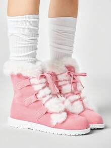 ROMWE Kawaii 女款踝靴與靴子 粉色綁帶保暖雪地靴 平底繫繩抓絨騎士靴 - 粉色+毛絨繫帶 - 查看 4