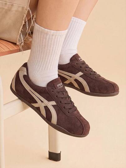 CUCCOO EASI Women's Lace-Up Splicing Design Round Toe Flat Bottom Casual Sports Shoes Casual Style PU With Imitation Suede Leather Brown Casual Sports Shoes Dail