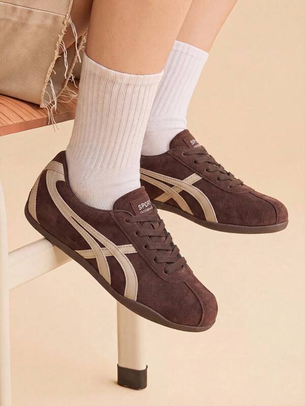 CUCCOO EASI Women's Lace-Up Splicing Design Round Toe Flat Bottom Casual Sports Shoes Casual Style PU With Imitation Suede Leather Brown Casual Sports Shoes Dail