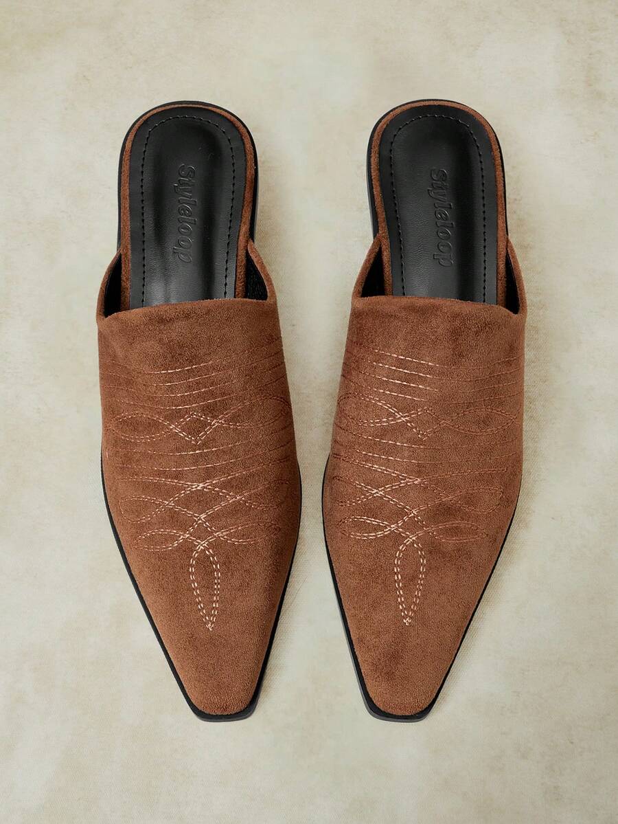 Styleloop 尖頭西式穆勒鞋,復古刺繡粗跟穆勒鞋 - 西部風繡線棕色 - 查看 1