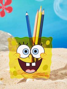 SpongeBob SquarePants | SHEIN Yellow Sponge Shaped Acrylic Storage Holder, Clear Textured Material. Organize Makeup Brushes, Cosmetics And Stationery For Vanity Desks & Student Workspaces - Yellow - View 3