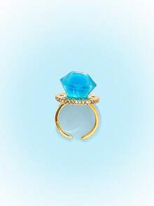 Popjeli Large Octagonal Cut Open Ring, Gilt Lettering Heavy Industry Wide Face Y2K Spice Girl Ring - Gold - Blue - View 7