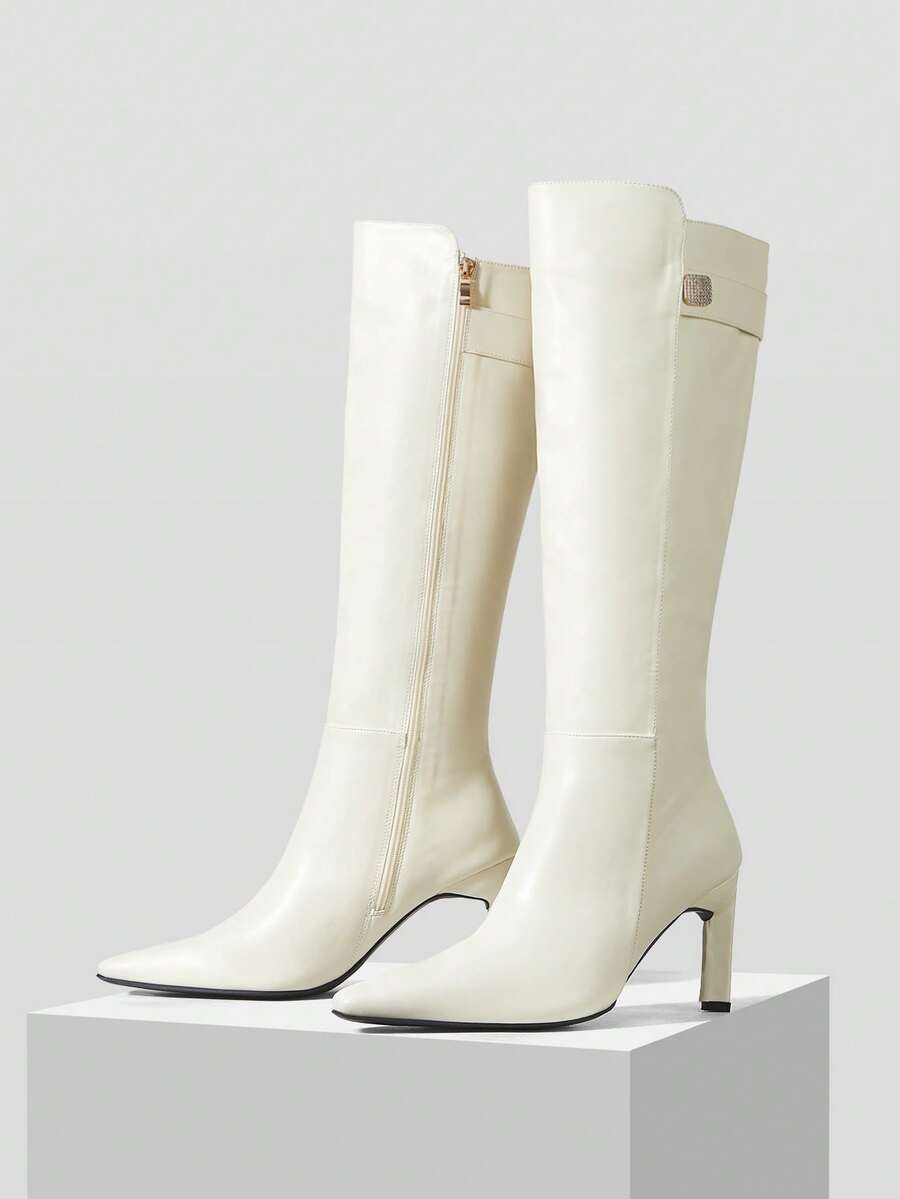 MOTF WOMEN'S FASHION COMMUTER VERSATILE SLIM HIGH HEEL KNEE-HIGH BOOTS VALENTINE'S DAY - Off-white - View 2