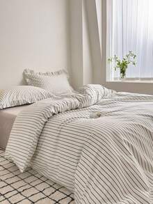 Cirelle 3pcs Cotton Striped Duvet Cover Set, French Vintage Striped Bedding Set With Ruffle Pillow Shams, Soft Breathable Comforter Cover (Duvet Cover No Ruffles, No Insert) - Broad white lotus leaf edge - View 5