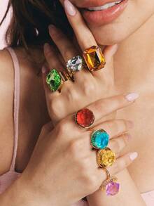 Popjeli Large Octagonal Cut Open Ring, Gilt Lettering Heavy Industry Wide Face Y2K Spice Girl Ring - Gold - Red - View 4