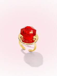 Popjeli Large Octagonal Cut Open Ring, Gilt Lettering Heavy Industry Wide Face Y2K Spice Girl Ring - Gold - Red - View 8