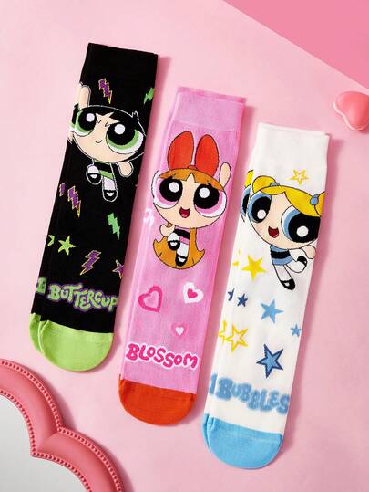THE POWERPUFF GIRLS X SHEIN Powerpuff Girls 3-Pack Women's Medium Tube Socks