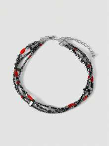 MortiRose Silver Stainless Steel Crystal Bead String Splicing Ruby Embellished Gothic Necklace - Dull Silver - View 12
