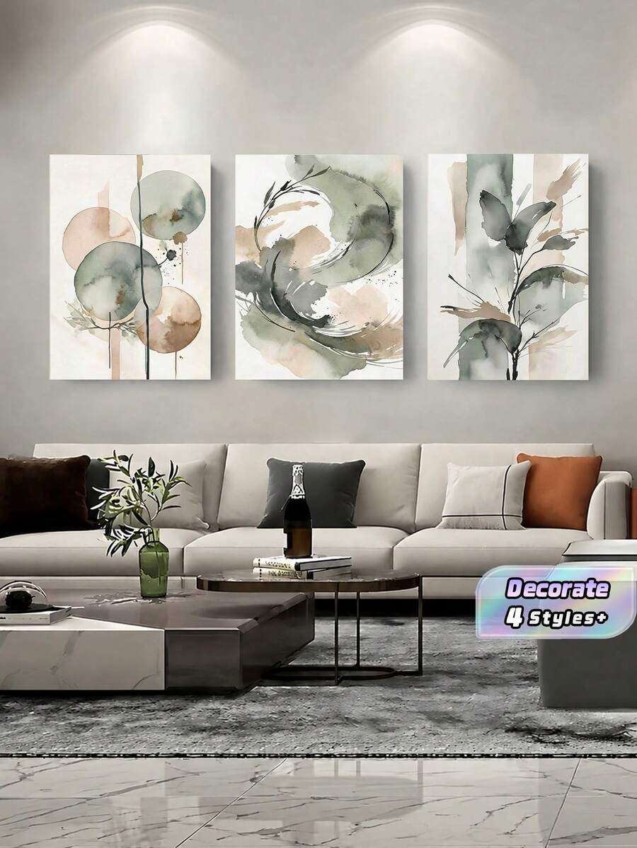 3Pcs Unframed Abstract Watercolor Canvas Wall Art, Minimalist Green Beige Ink Wash Triptych Prints, Modern Neutral Abstract Paintings For Living Room, Dining Room And Bedroom Home Decoration - multicolor - View 1