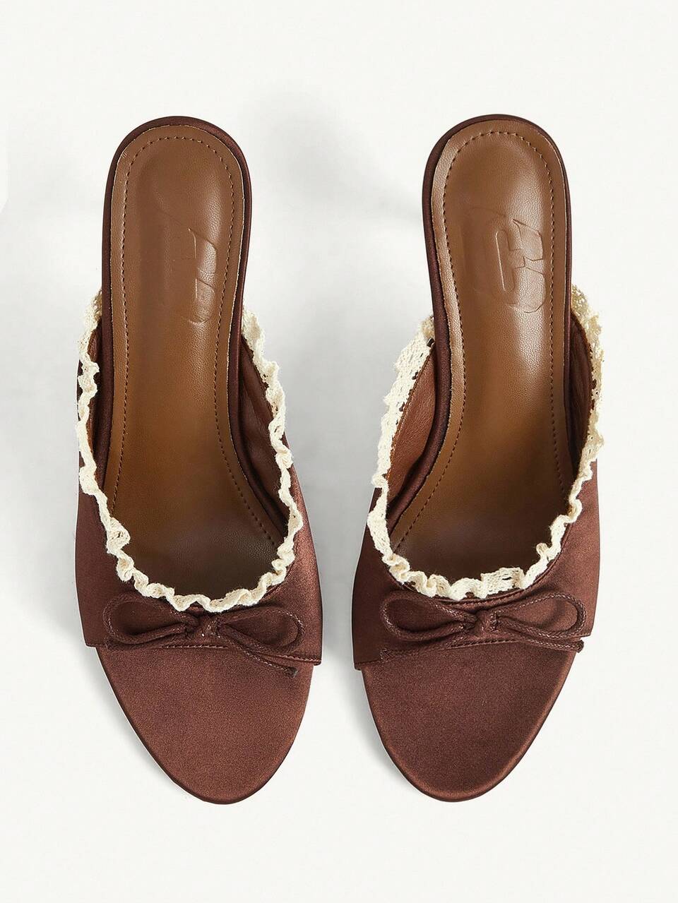 CUCCOO CHICEST Spring/Summer Lace Bow Stiletto Retro Dark Brown Satin Open-Toed Mules Sandals Dating Commuting Shopping Vacation Daily Travel