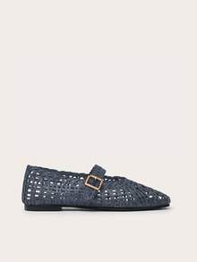 Nöista Elegant Mary Jane Flats, Metallic Gold Finish, Featuring Intricate Woven Design, Adjustable Straps And Refined Square Toe - Royal Blue - View 7