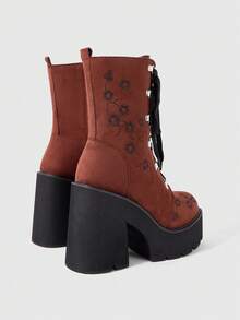 ROMWE Fairycore Women's Thick-Soled Thick-Heeled Medium-Heeled Boots, Punk-Style Gothic Street-Style Embroidered Thread-Patterned Strap-On Side Zipper Thick-Soled Boo - brown ink - View 3