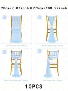 10pcs Elegant Light Blue Chiffon Chair Back Cover Set, Corridor Wedding Chair Back Decoration, Church Banquet Ceremony Reception Chair Set, Photography Props, Birthday Party Home Decor - Baby Blue - View 11