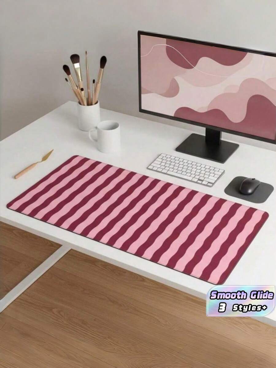 1Pc Large Non Slip Desk Mat Pink Burgundy Wavy Lines Mouse Pad Waterproof Durable Smooth Surface Office Gaming Accessory For Work Study Home Computer Keyboard - Mouse Pad - View 1