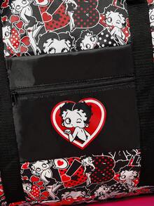 Betty Boop x SHEIN 1 Pc Cat & Mouse Cheese Themed Foldable Travel Tote Bag, Lightweight Polyester Luggage Sleeve Bag - Red black and white - View 4