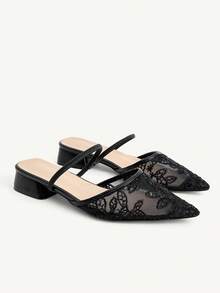 CUCCOO CHICEST Women's Black Lace Pointed Toe Low Block Heel Mule Daily Office Commute Flat Shoes Fall Shoes - Black 1 - View 1