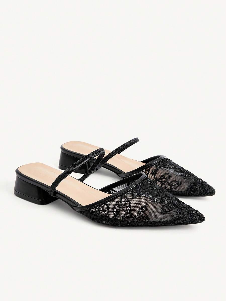 CUCCOO CHICEST Women's Black Lace Pointed Toe Low Block Heel Mule Daily Office Commute Flat Shoes Fall Shoes - Black 1 - View 1