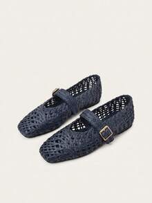 Nöista Elegant Mary Jane Flats, Metallic Gold Finish, Featuring Intricate Woven Design, Adjustable Straps And Refined Square Toe - Royal Blue - View 2