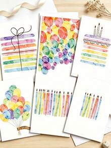 Minimalist Watercolor Rainbow Birthday Greeting Cards, Balloon Cake Candle Happy Birthday Blank Wish Cards With Kraft Envelopes - Sets - View 4