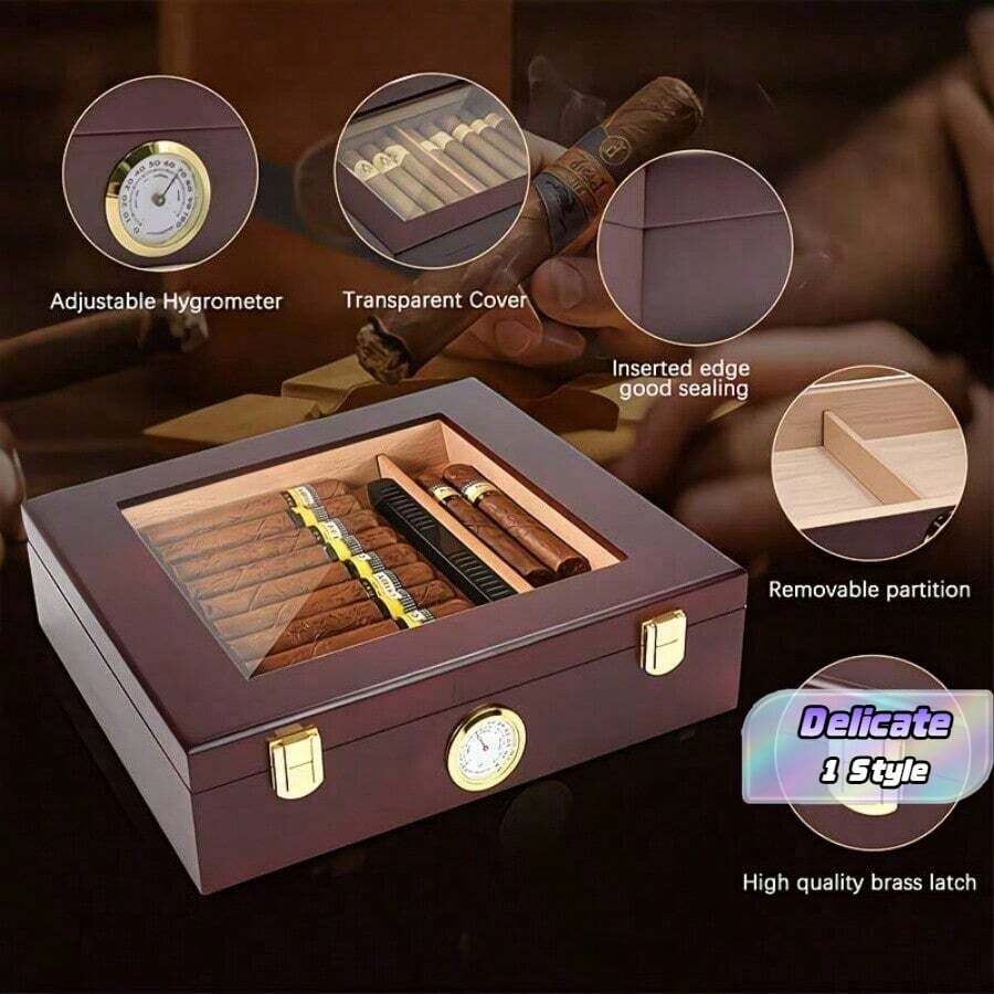 Wooden Cigar Box With Lid, Thermostatic And Moisturizing Box, Transparent With Glass Display, In Stock Cigar Box - Solid Color - View 1