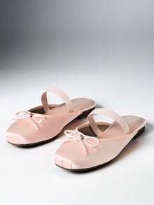 SHEIN Solezae #BalletCore 女款方頭彈性綁帶蝴蝶結緞面腮紅粉一腳蹬芭蕾穆勒鞋–Miumuse 優雅、柔美且舒適 - Satin Blush - 查看 9