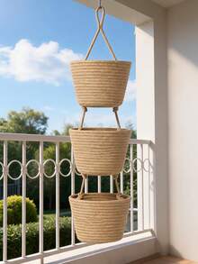 1 Three-Layer Rope Woven Hanging Storage Basket - Detachable Decorative Organizer, Suitable For Living Room, Bathroom, And Bedroom, Backdoor Hanging Storage Basket With Multiple Storage Compartments - multicolor - View 2