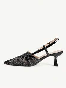 CUCCOO CHICEST Women's Floral Lace Slingback Heels, Pointed Toe Double Buckle Strap Stiletto Sandals, Elegant Mesh Backless High Heels For Wedding Date Party - Black - View 11