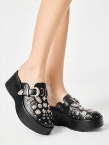 ROMWE Grunge Punk Women's Black Dark Punk Style Rivet Eyelet Thick Sole Wedge Sandals, Subculture Y2K Hot Girl Versatile Style - Black - View 4