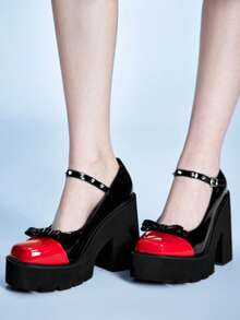 Sugerpunk 女款時尚斜跟厚底鞋，龐克哥德風暗黑扣環鉚釘鑲嵌紅黑拼接，夜店派對性感女鞋 - 紅黑 - 查看 5