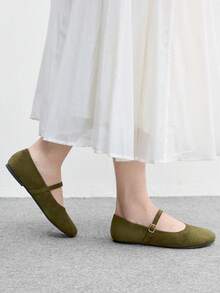 CUCCOO BIZCHIC Army Green Suede Women's Flat Mary Jane Women's Shoes Are Comfortable For Commuting, Suitable For Outdoor Vacation Shopping To Work, Daily Versatile F Fall Shoes - Army Green - View 3