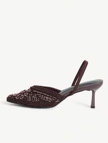 CUCCOO CHICEST 女款時尚優雅刺繡編織手工縫製珠飾水鑽裝飾彈性後背帶V領尖頭細高跟中高跟鞋 浪漫性感透氣舒適 適合約會聖誕節 - 巧克力棕 - 查看 5