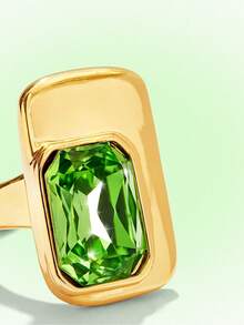 Popjeli Rectangle Open Ring, Glossy Gold Thick Wide-Sided Retro Dinner Ring - Gold - Green Diamond - View 6