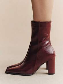 Rosivie Women's Ankle Strap Square Buckle Pointed Thin Heel Short Boots Black Side Zipper High Heels And Ankle Boots Commuting Daily Versatile Style - burgundy thick heel - View 4