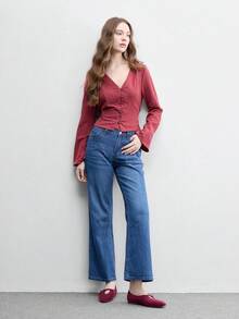 CUCCOO BIZCHIC 女款麂皮小方頭V領金屬扣平底瑪麗珍鞋，復古法式低鞋面軟底通勤鞋 - 酒紅1 - 查看 6