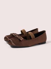 CUCCOO DOLLMOD Ladies Elegant Satin Mary Jane Flats, Square Toe Toe Multi-Layer Pleated Design, With The Same Satin Single Strap And Toe Thin Bow, Quiet Luxury Retro - Brown - View 2