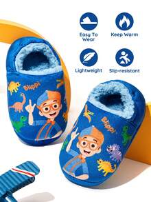 Blippi X SHEIN 可愛卡通恐龍藍色兒童男孩防滑室內拖鞋 幼兒與小孩適用 柔軟毛絨保暖冬季居家臥室冷氣房春季 - 藍色 - 查看 1