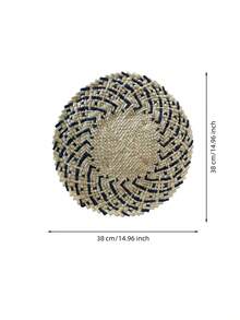 Haus Hana 1/2PCS Round Woven Placemat, Beige And Navy Geometric Pattern With Decorative Scalloped Edge And Textured Woven Detail, Boho Style Table Mat For Dining Table Setting, Kitchen, Everyday Meals, Dinner Parties And Home Table Decor - Multicolor - View 11
