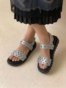 HighSole Casual Fashion Versatile Simple Comfy Open Toe Flat Sandals For Women - Dark Grey - View 3