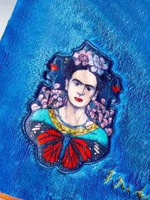 Frida Kahlo X SHEIN 刺繡髮巾頭巾，禮品，適用於居家浴室裝飾夏季使用，髮帽乾髮毛巾包裹巾 - 藍色 - 查看 2