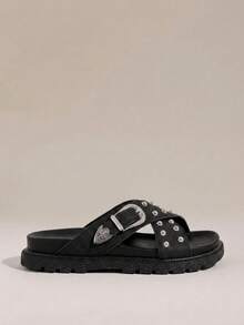 HighSole 女士黑色厚底舒适平底凉鞋，适合日常穿着 - 深黑色 - 查看 2