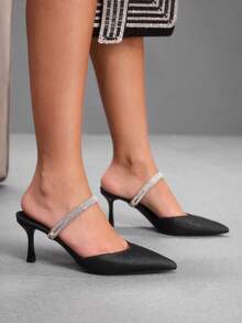 CUCCOO SZL Pointed Toe Stiletto Black Gretel Rhinestone Strip Women's High Heel Shoes Kitten Heels Banquet Wedding Versatile Temperament Socialite Temperament High Heels Women's Shoes - Black - View 1