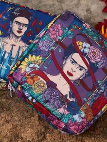 Frida Kahlo X SHEIN 1件裝藝術花卉與人物圖案收納袋，可用作女性衛生用品收納袋、數位用品收納袋 - 湖水藍-寶藍 - 查看 4