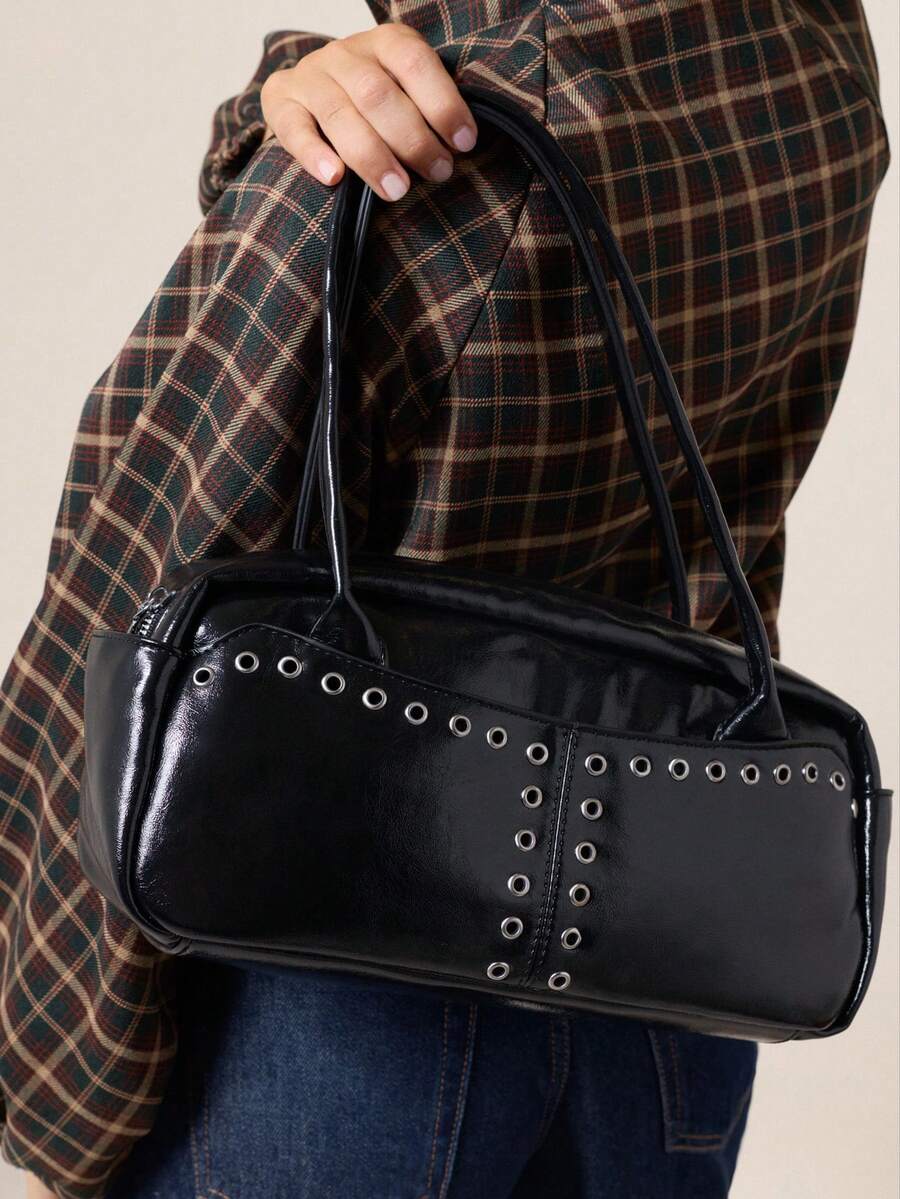 Nöista Black Shoulder Bag With Silver Eyelet Detailing, Long Handles, And A Structured Rectangular Silhouette. - Black - View 1