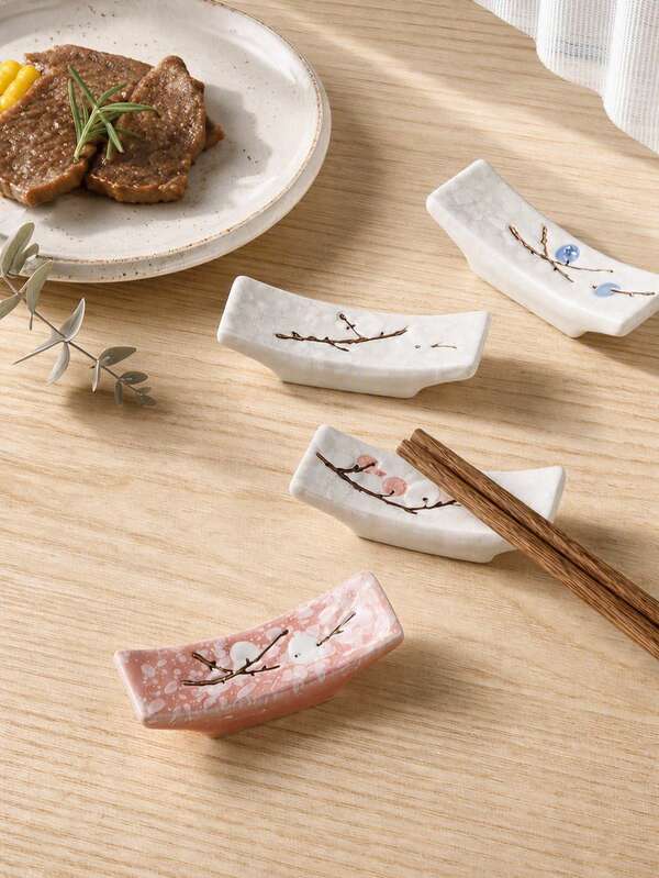 Haus Hana 4pcs Japanese Style Ceramic Chopstick Rest, Hand-Painted Plum Blossom Cutlery Holder, Rectangular Chopstick Pillow For Spoon, Fork, Dining Table, Home, Restaurant, Tea Ceremony & Gift