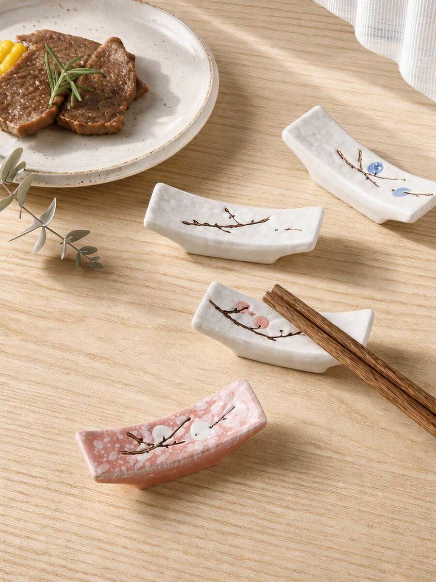 Haus Hana 4pcs Japanese Style Ceramic Chopstick Rest, Hand-Painted Plum Blossom Cutlery Holder, Rectangular Chopstick Pillow For Spoon, Fork, Dining Table, Home, Restaurant, Tea Ceremony & Gift - View 1