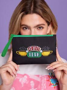 FRIENDS X SHEIN 1件咖啡杯圖案印花輕量化化妝包，適合收納化妝品、文具、日常用品、數位產品 - 黑綠 - 查看 4