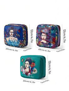 Frida Kahlo X SHEIN 1件裝藝術花卉與人物圖案收納袋，可用作女性衛生用品收納袋、數位用品收納袋 - 湖水藍-寶藍 - 查看 6