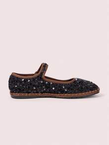 CUCCOO DOLLMOD Women's Casual Bohemian Solid Color Sequin Design Elastic Strap Mary Jane Flat Shoes For Commuting And Vacation Fall Shoes - Black - View 2