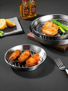1pc Stainless Steel Round Baking Pan With Oil Drain Rack, Air Fryer Compatible Grease Strainer Tray For Grilling Roasting Food - multicolor - View 9